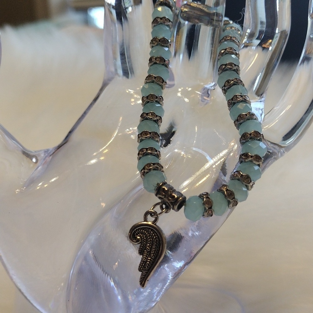 Blue Beads w/bling and Angel wing Bracelet